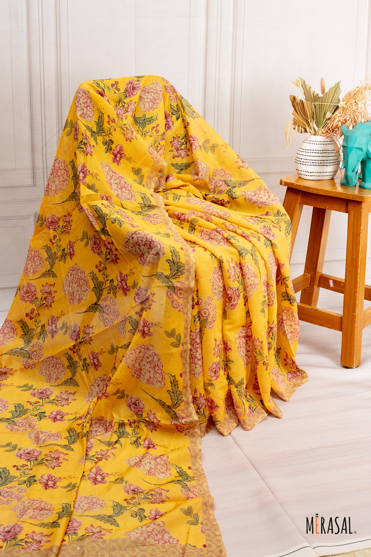 Customised Floral Digital Print Chanderi Cotton Saree in Marigold Yellow
