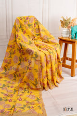 Customised Floral Digital Print Chanderi Cotton Saree in Marigold Yellow