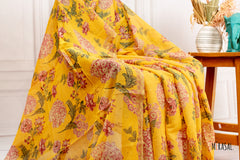 Customised Floral Digital Print Chanderi Cotton Saree in Marigold Yellow
