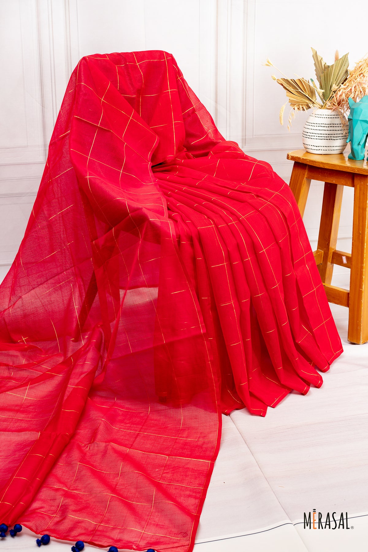 Crimson Red Chanderi Cotton Saree with Gold Checks & Royal Blue Silk Border Blouse