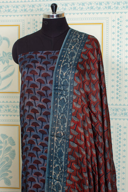 Traditional Ajrakh Block Print Rust Blue Top And Dupatta