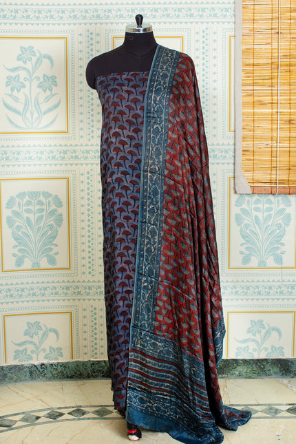 Traditional Ajrakh Block Print Rust Blue Top And Dupatta