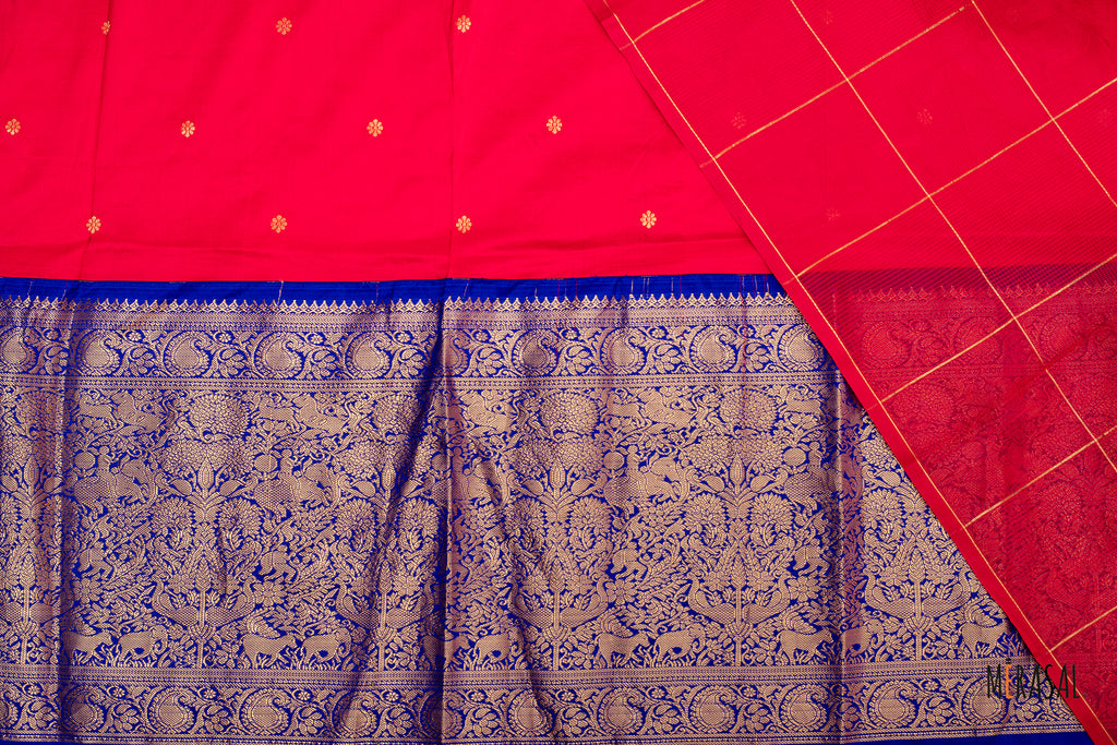 Crimson Red Chanderi Cotton Saree with Gold Checks & Royal Blue Silk Border Blouse