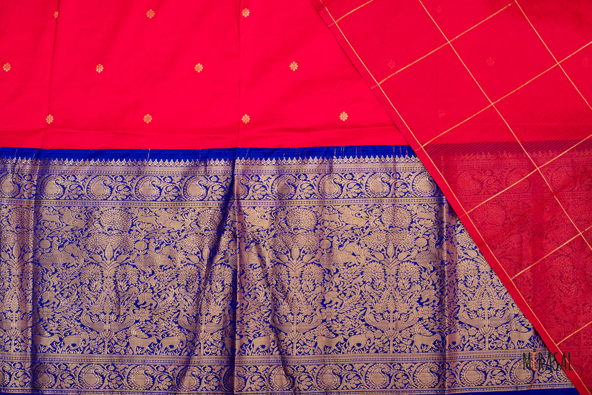 Crimson Red Chanderi Cotton Saree with Gold Checks & Royal Blue Silk Border Blouse