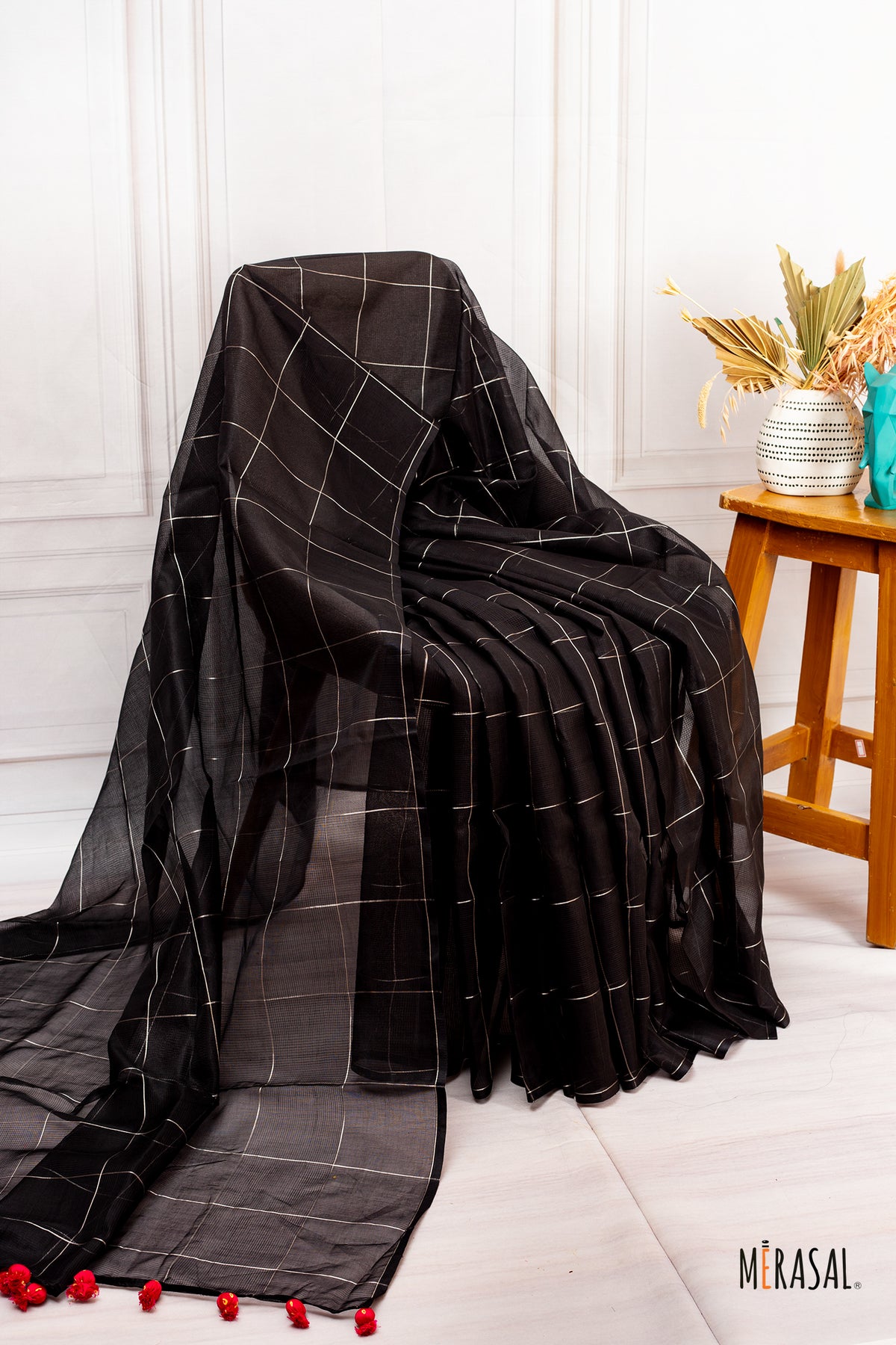 Classic Black Chanderi Cotton Saree with Gold Checks & Pink Bandhani Blouse