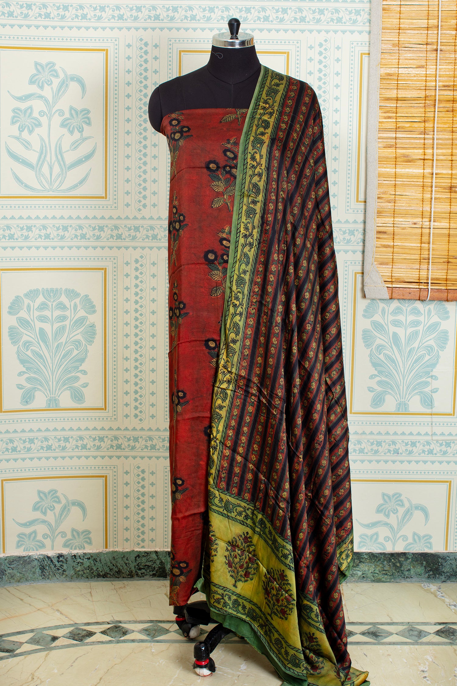 Ajrakh hand block printed Deep Maroon unstitched suit
