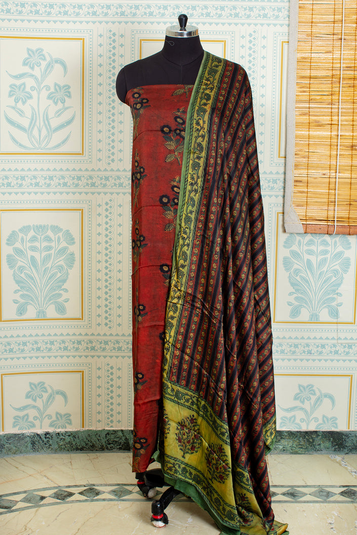 Ajrakh hand block printed Deep Maroon unstitched suit