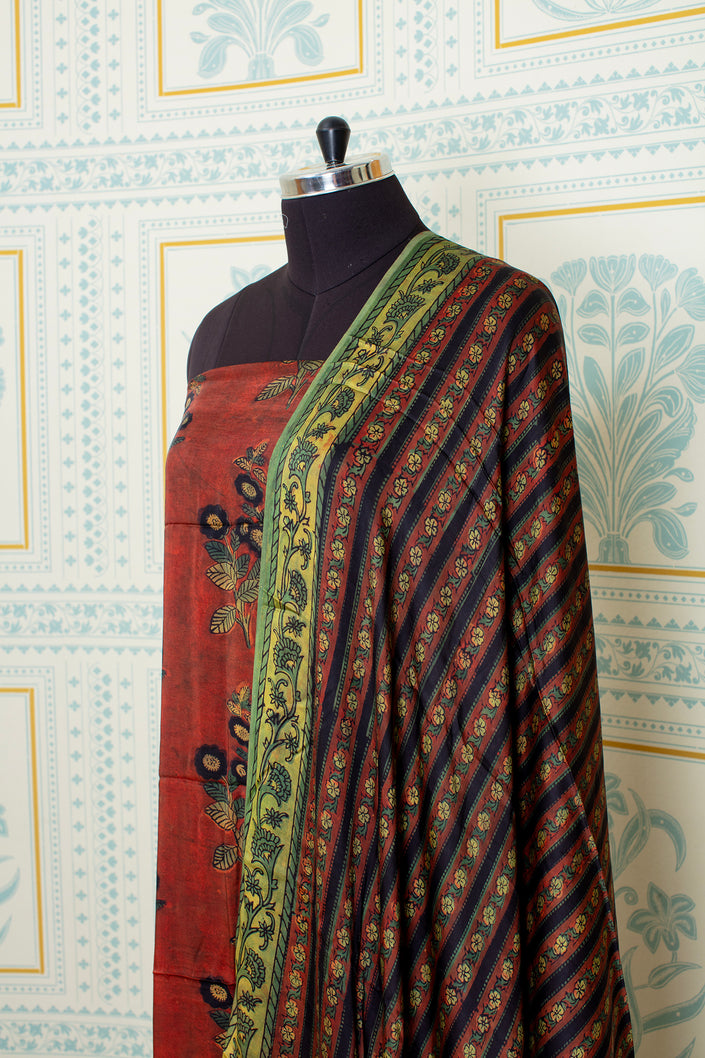 Ajrakh hand block printed Deep Maroon unstitched suit