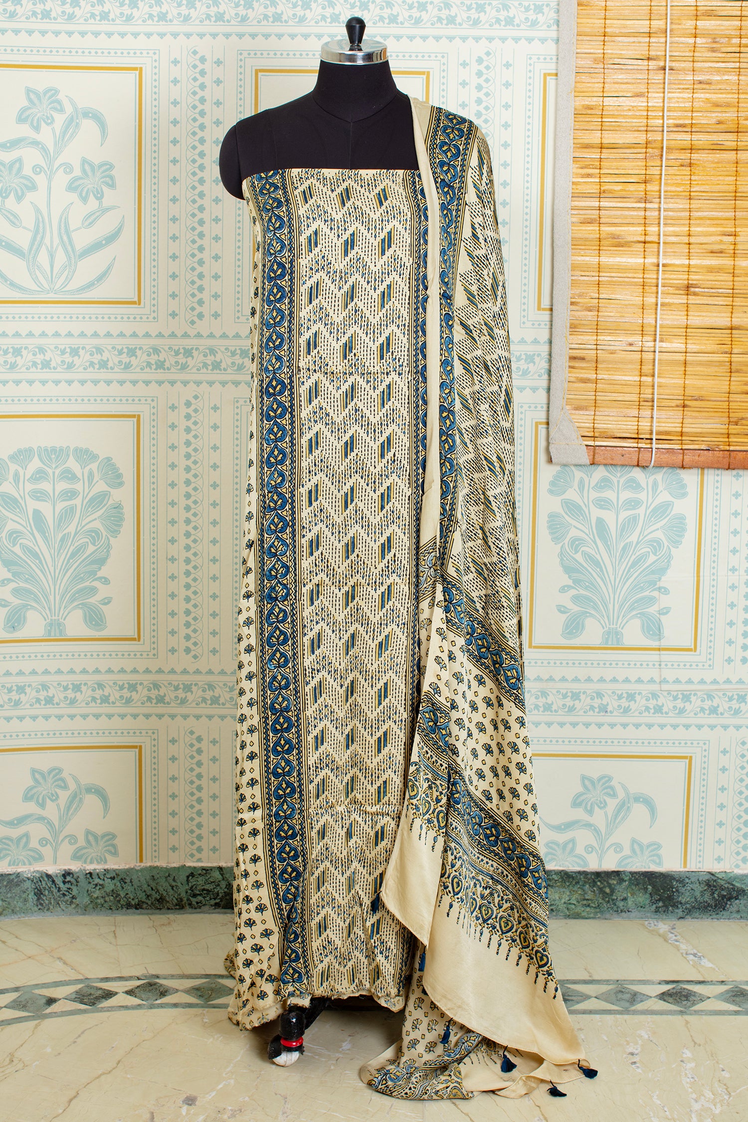 Ajrakh Handblock Printed Unstitched  Beige And BlackSalwar Suit Set