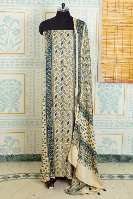 Ajrakh Handblock Printed Unstitched  Beige And BlackSalwar Suit Set