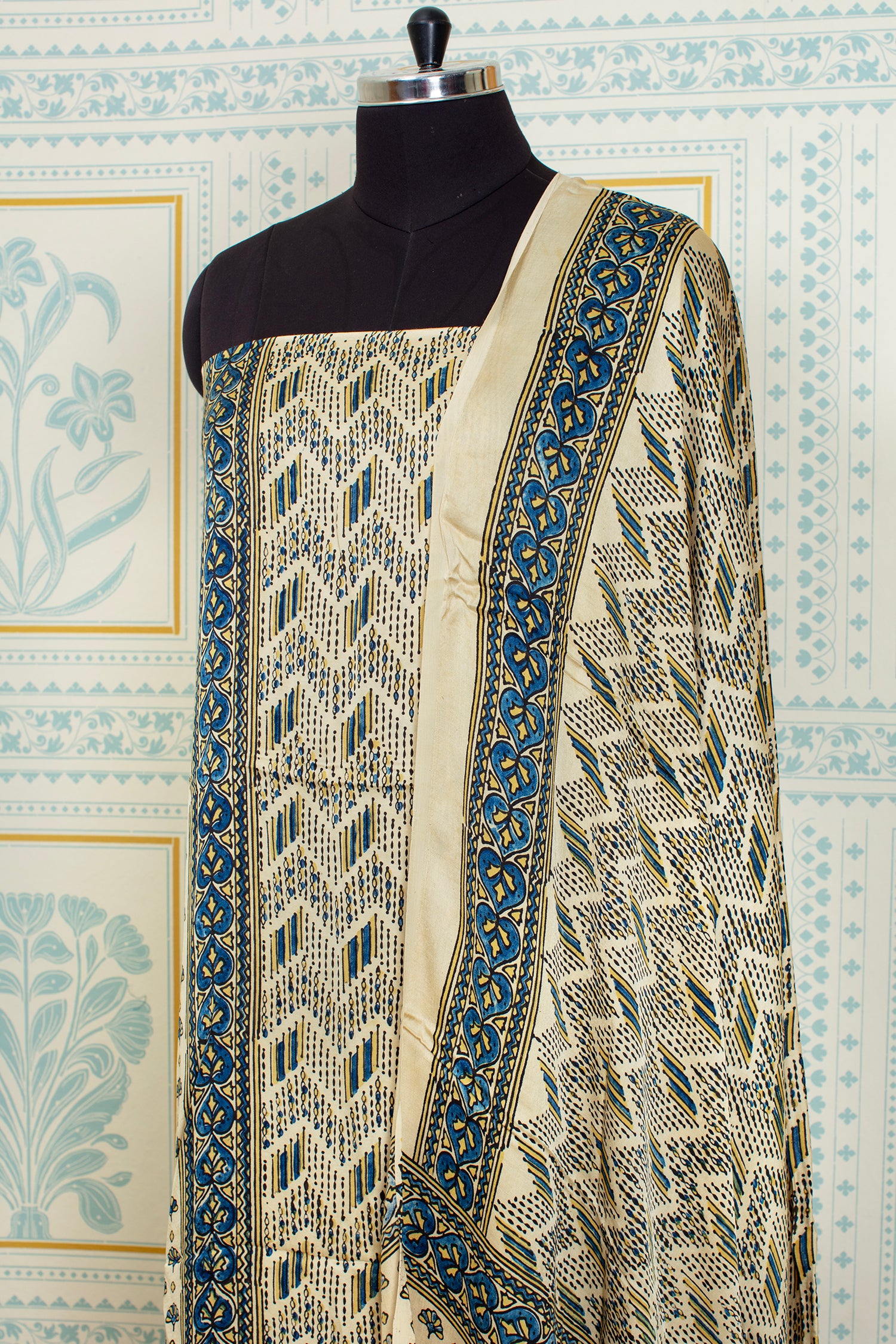 Ajrakh Handblock Printed Unstitched  Beige And BlackSalwar Suit Set
