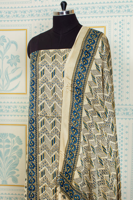 Ajrakh Handblock Printed Unstitched  Beige And BlackSalwar Suit Set