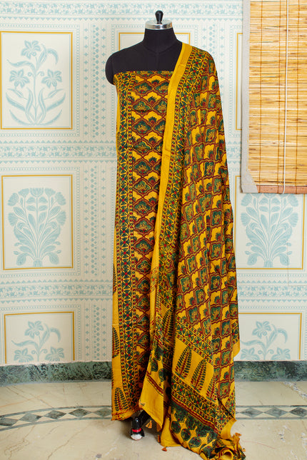 Ajrakh handblock printed unstitched Floral Yellow top and dupatta set