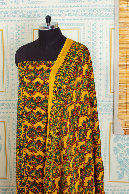 Ajrakh handblock printed unstitched Floral Yellow top and dupatta set