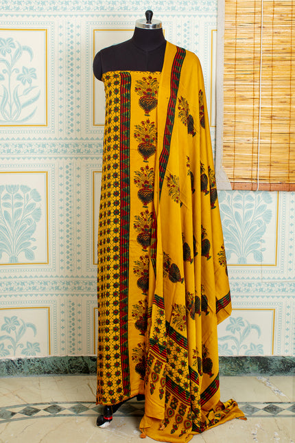 Ajrakh Handblock Printed Unstitched Top & Dupatta Set – Mustard Magic