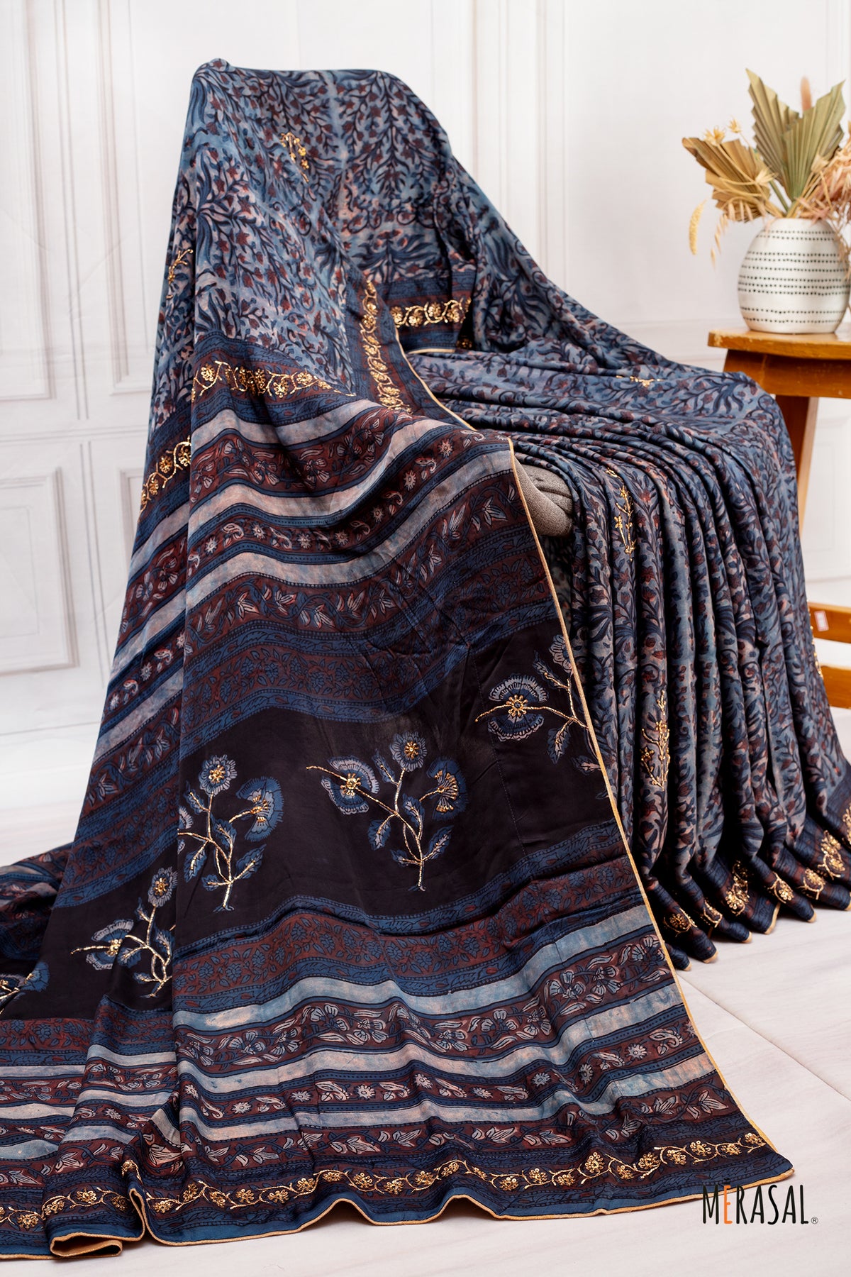 Handcrafted Ajrakh Saree in Deep Indigo–Black with Floral Embroidery Highlights