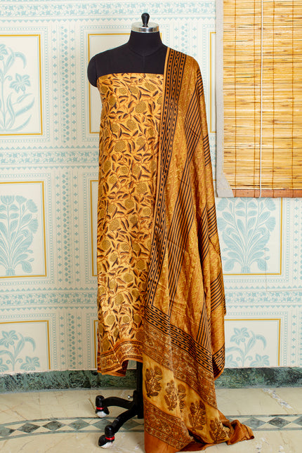 Ajrakh Handblock Printed Unstitched  Yellow Top And Dupatta