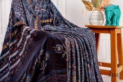 Handcrafted Ajrakh Saree in Deep Indigo–Black with Floral Embroidery Highlights