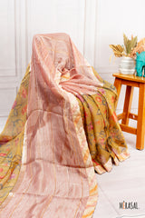 Half & Half Tissue Print Saree in Blush Rose and Antique Mustard