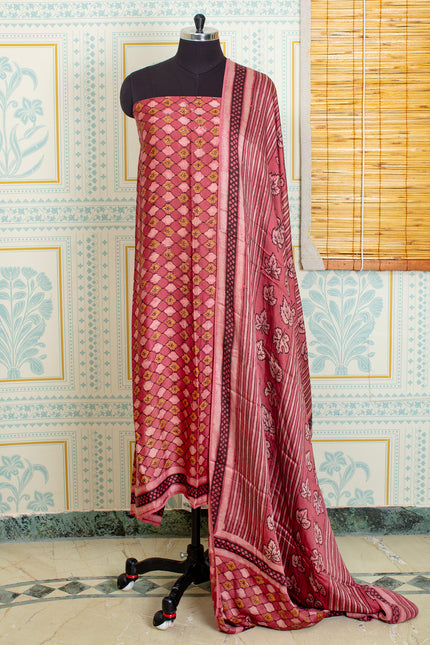 Ajrakh Handblock Printed Unstitched Light Red Top And Dupatta