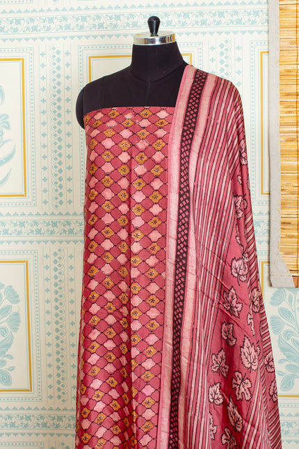 Ajrakh Handblock Printed Unstitched Light Red Top And Dupatta