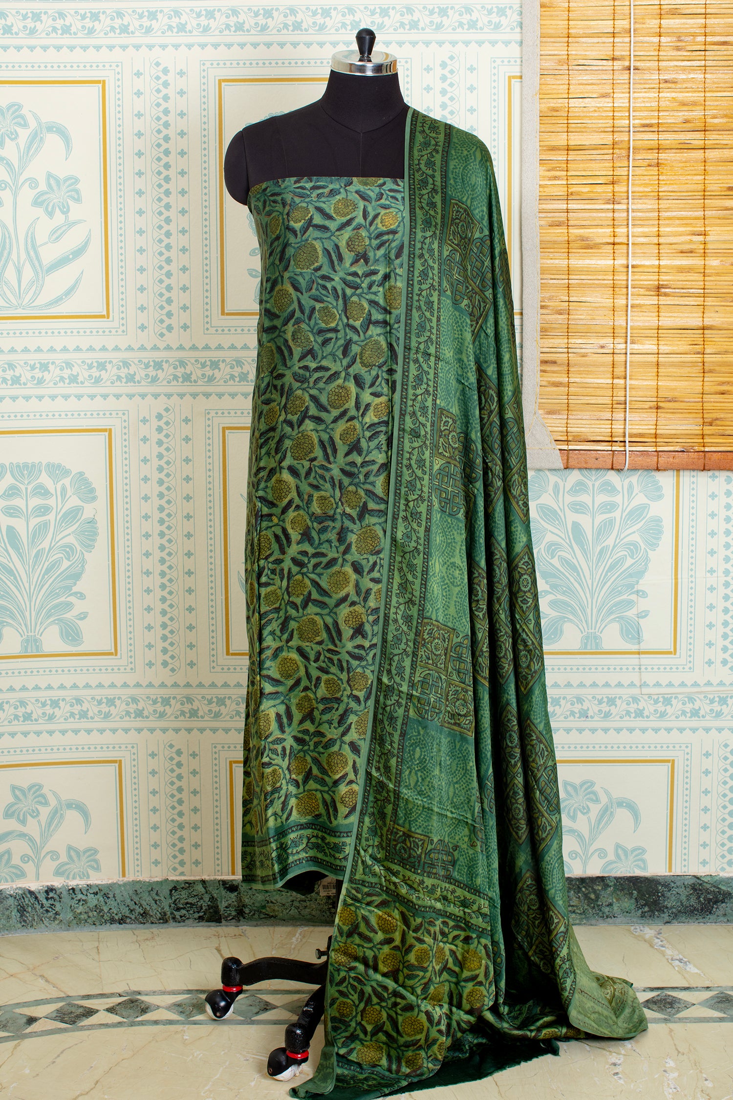 Ajrakh Handblock Printed Unstitched Green Top And Dupatta