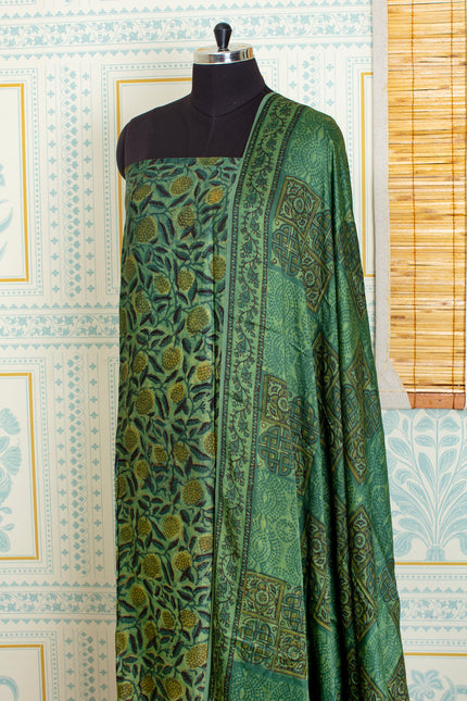 Ajrakh Handblock Printed Unstitched Green Top And Dupatta