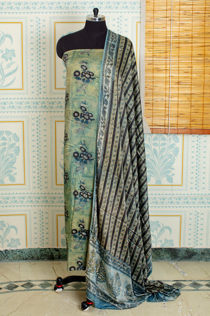 Light Green Ajrakh Unstitched Top And Dupatta Set