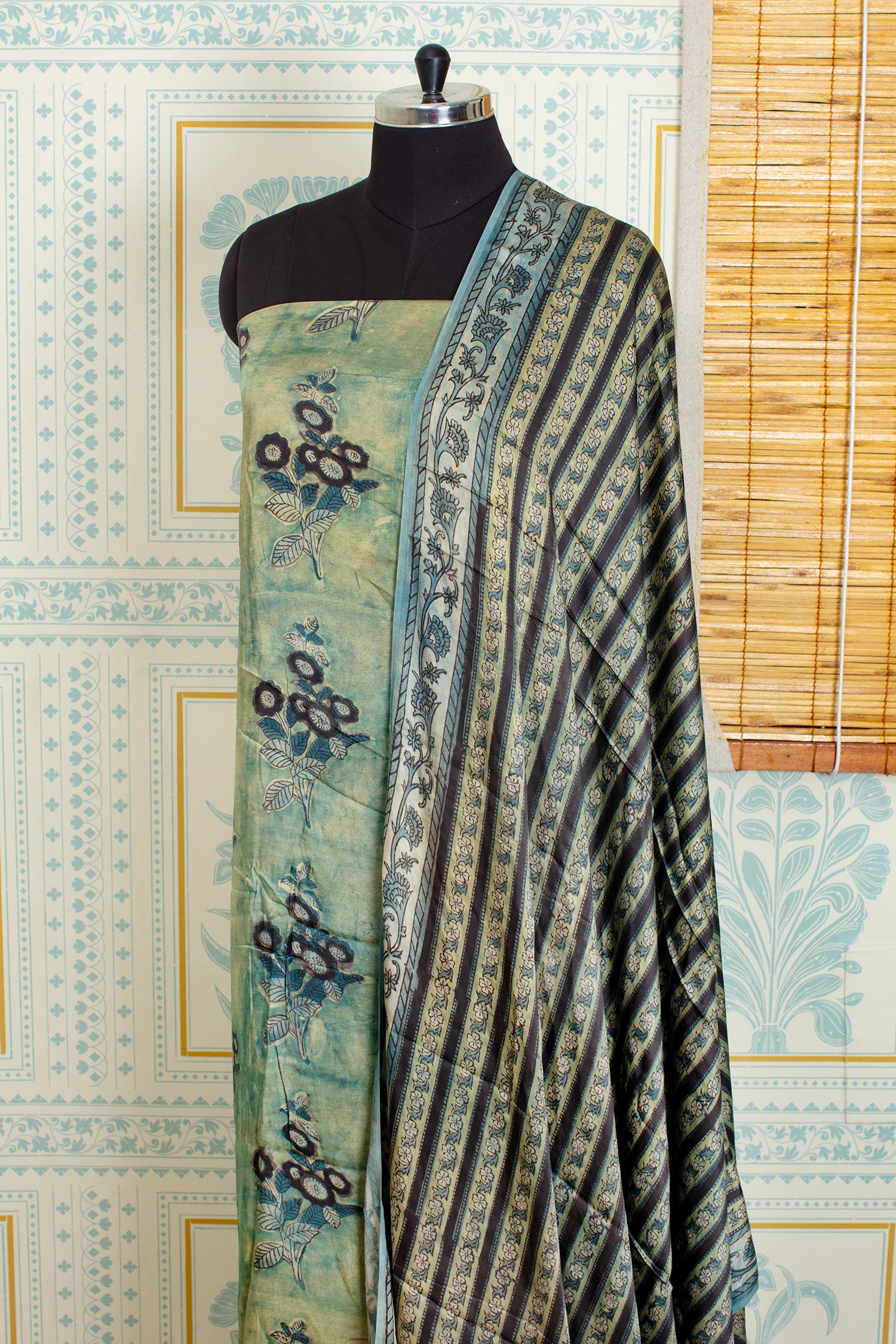 Light Green Ajrakh Unstitched Top And Dupatta Set