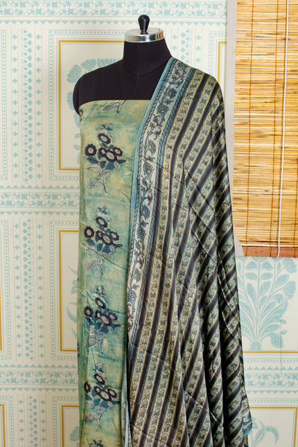 Light Green Ajrakh Unstitched Top And Dupatta Set