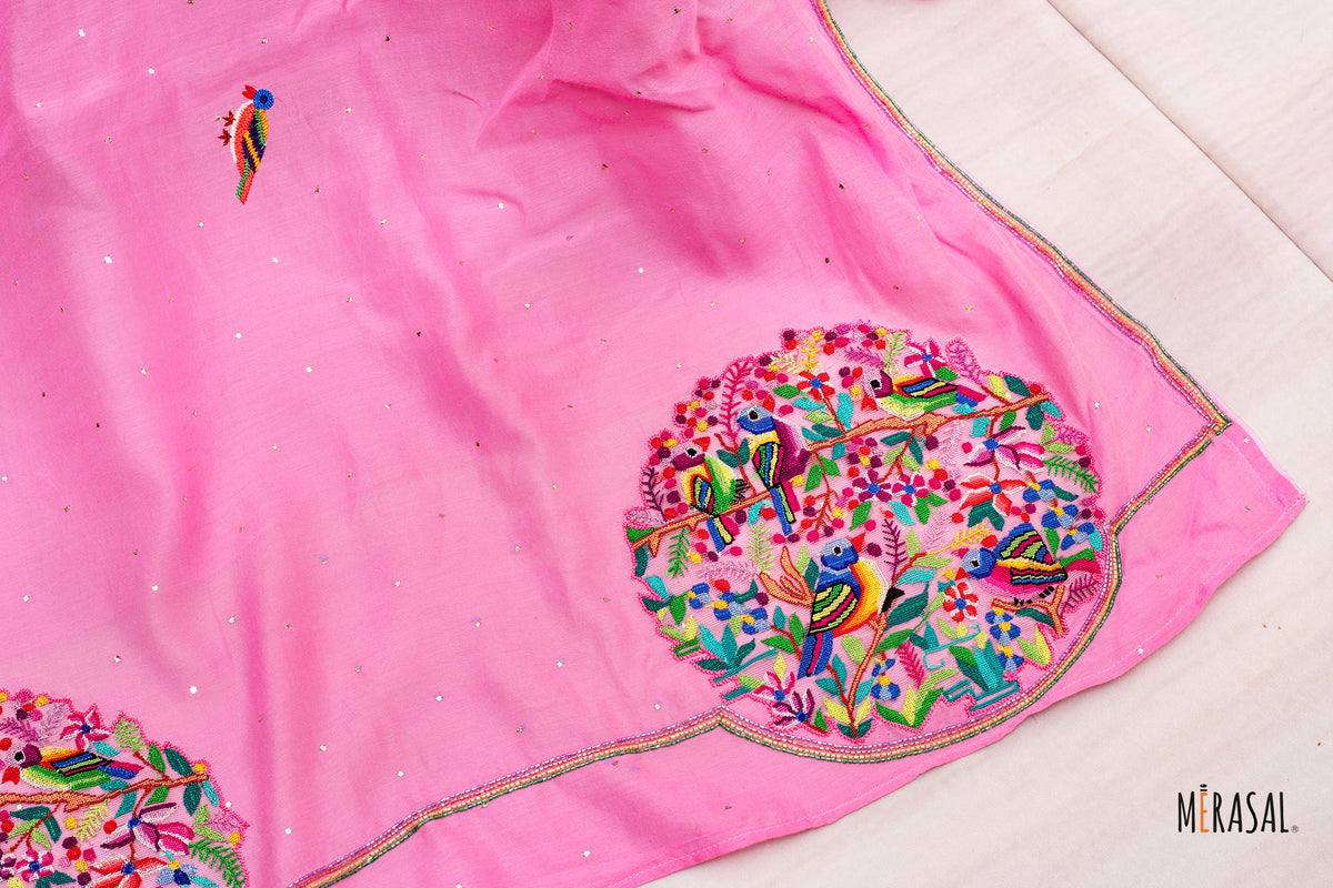 Chanderi Cotton Saree in Rose Pink with Hand-Embroidered Pallu