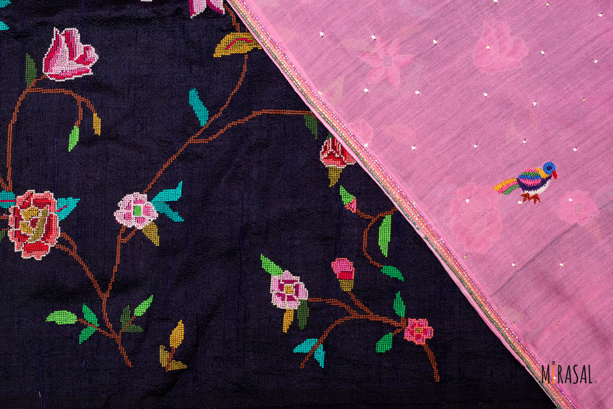 Chanderi Cotton Saree in Rose Pink with Hand-Embroidered Pallu