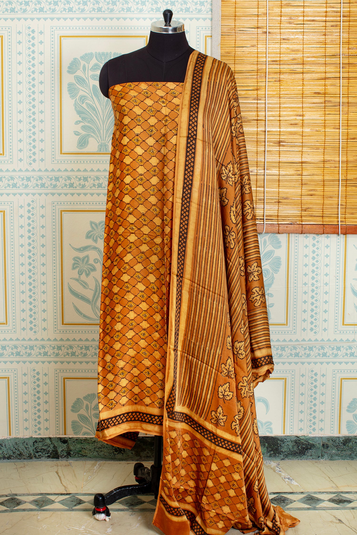 Mustard Ajrakh Handblock Unstitched Top And Dupatta