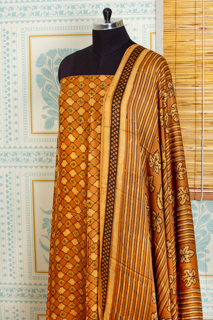 Mustard Ajrakh Handblock Unstitched Top And Dupatta