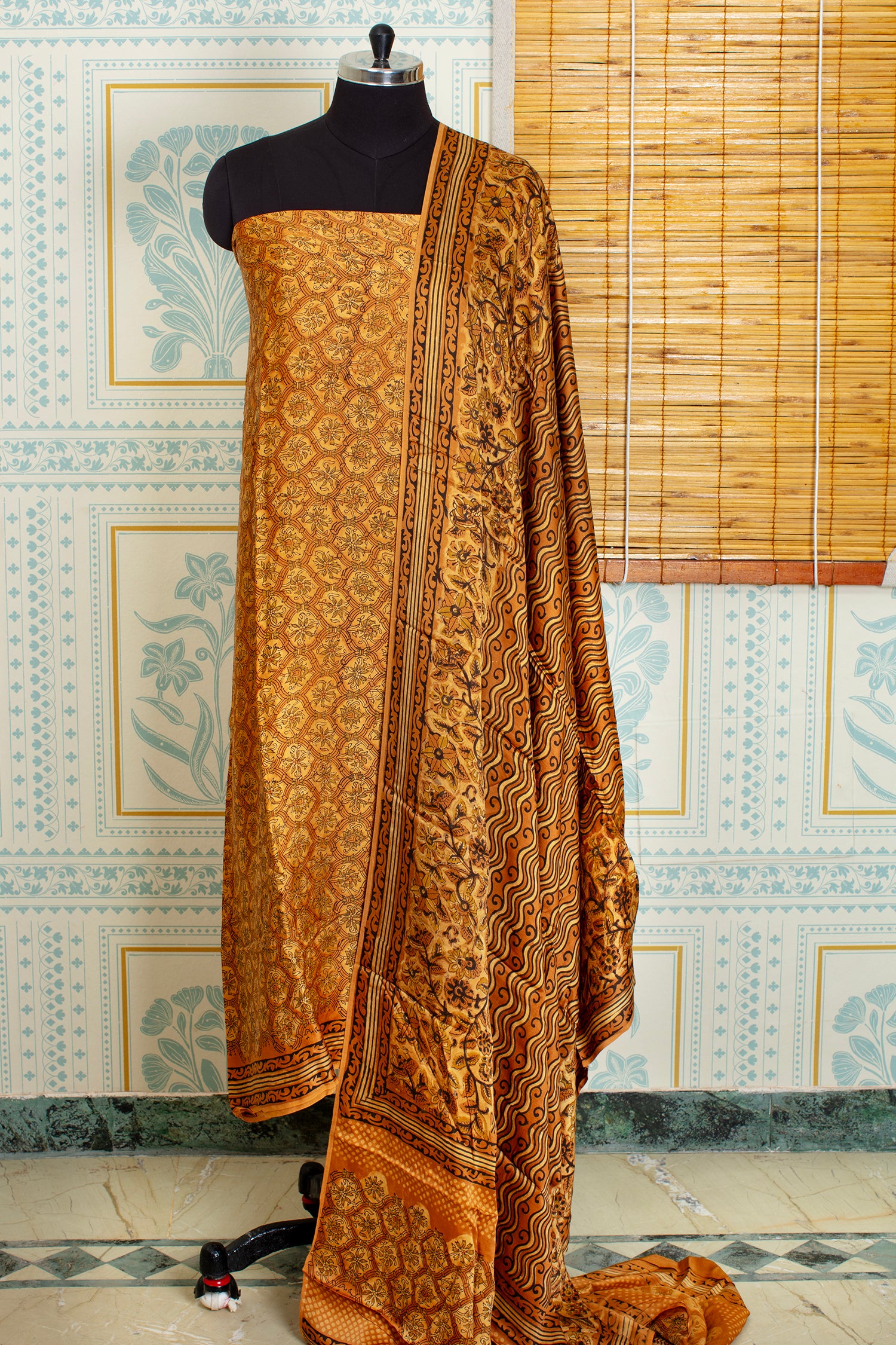 Mustard Ajrakh Unstitched Top And Dupatta