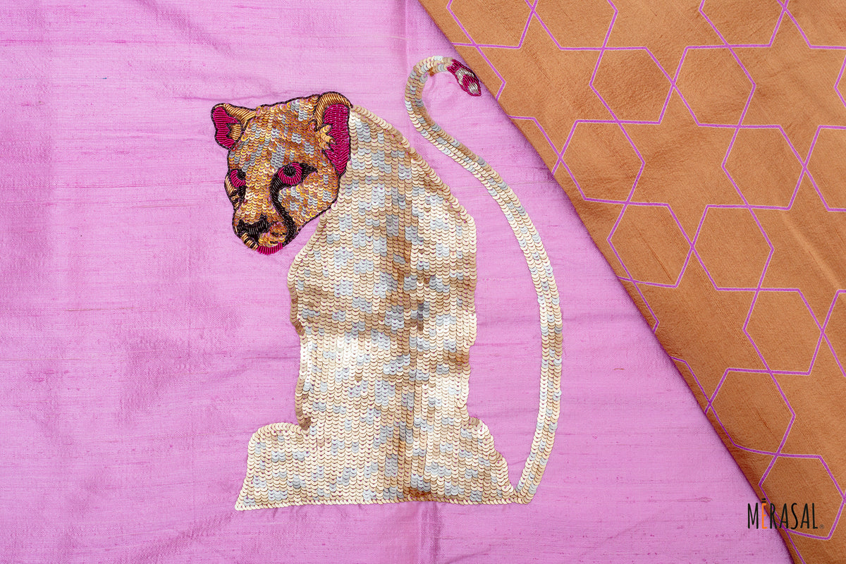 Caramel Tan with Lavender Print Saree & Blush Pink Embroidered Blouse.