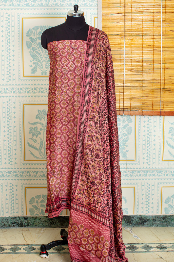 Light Red Ajrakh Handblock Unstitched Top And Dupatta