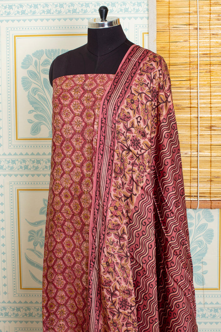 Light Red Ajrakh Handblock Unstitched Top And Dupatta