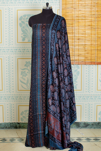 Blue Ajrakh Handblock Unstitched Top And Dupatta