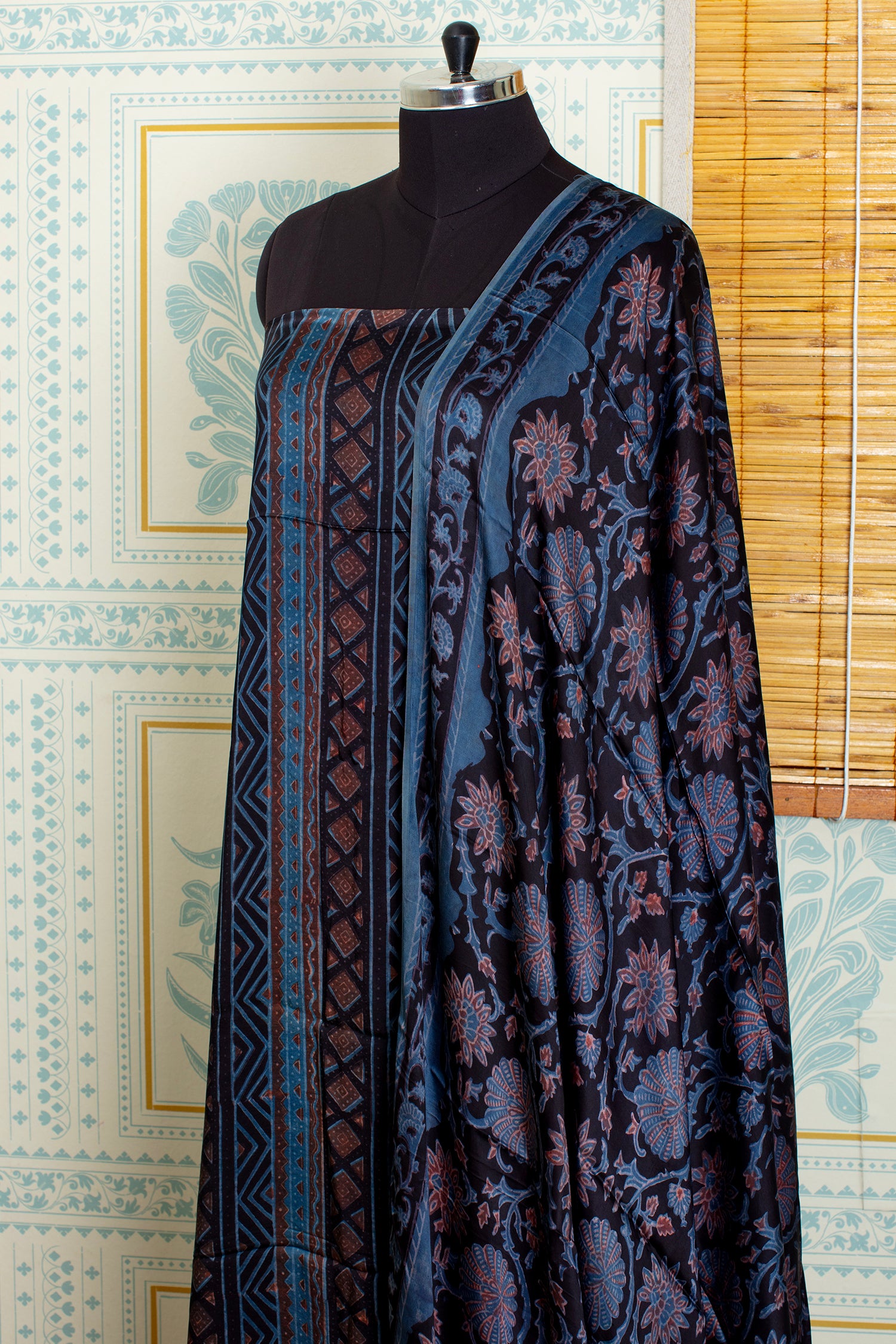 Blue Ajrakh Handblock Unstitched Top And Dupatta