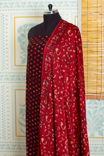 Traditional Ajrakh Handblock Unstitched Red And Black Top And Dupatta