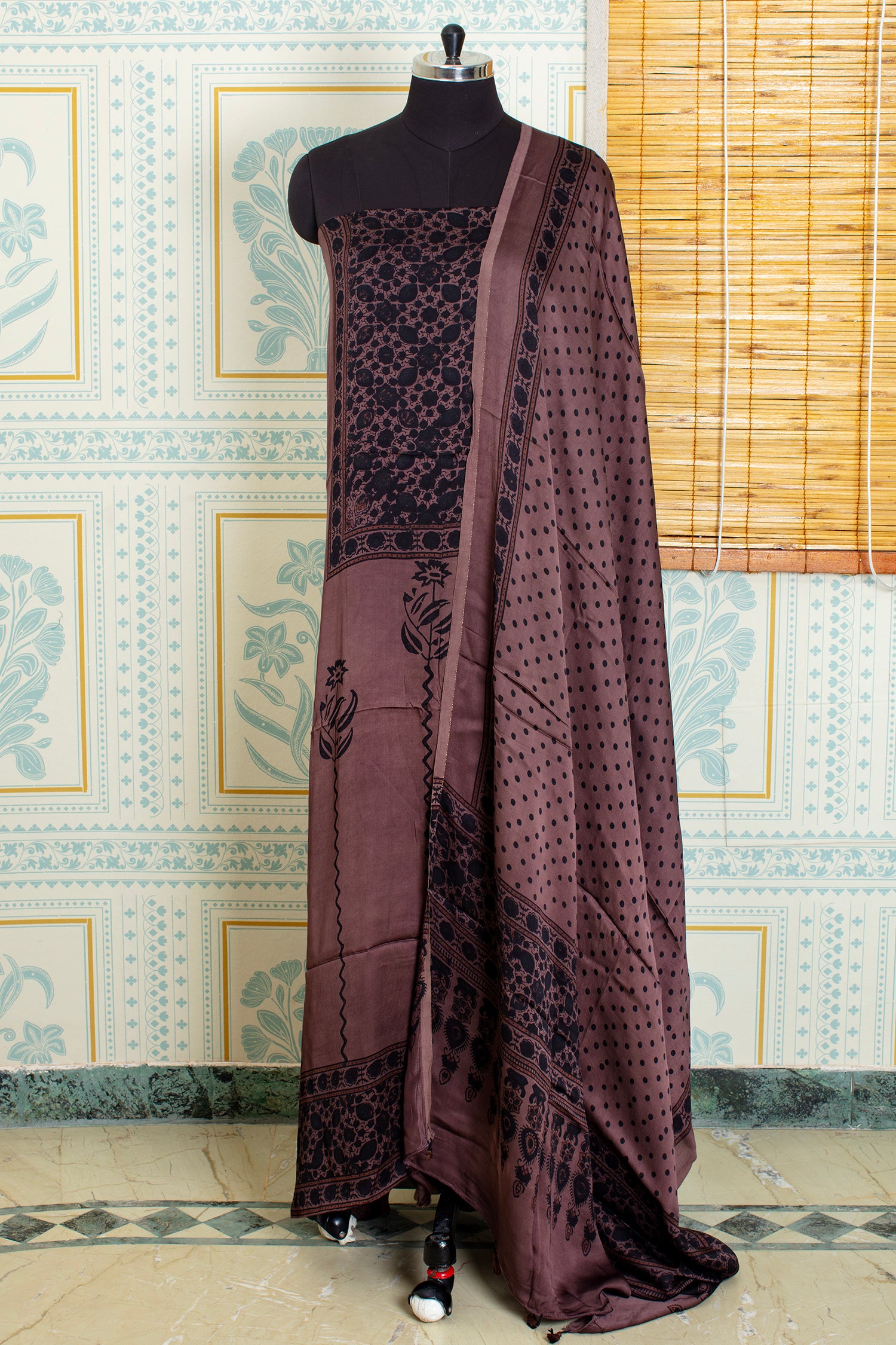 Traditional Ajrakh Handblock Unstitched Deep Brown And Black Top And Dupatta