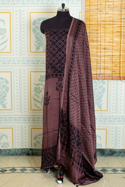 Traditional Ajrakh Handblock Unstitched Deep Brown And Black Top And Dupatta