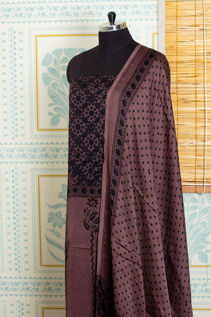Traditional Ajrakh Handblock Unstitched Deep Brown And Black Top And Dupatta
