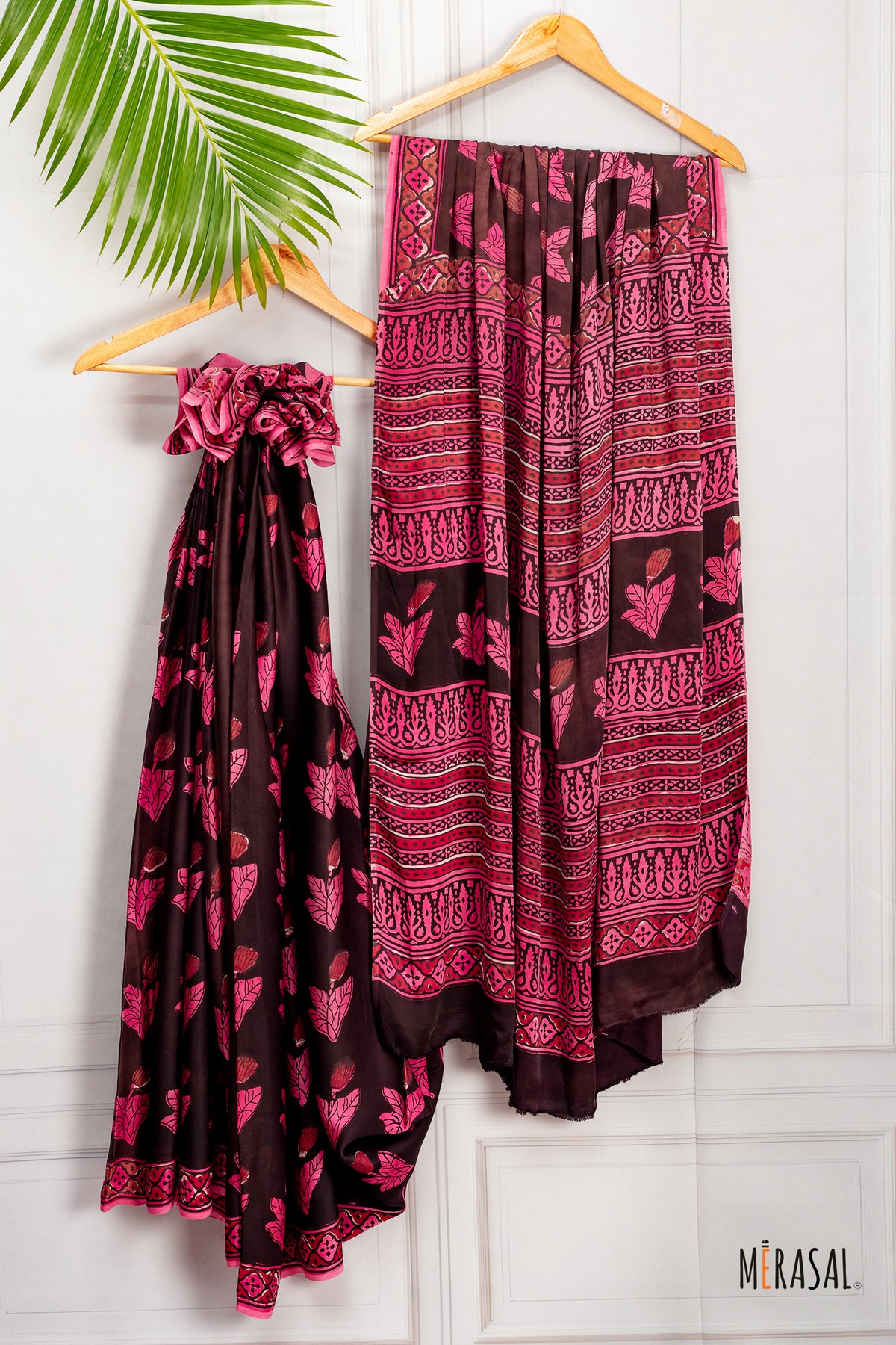 Ajrakh Print Saree in Black & Deep Pink