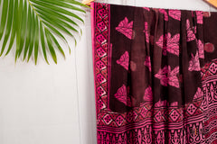 Ajrakh Print Saree in Black & Deep Pink