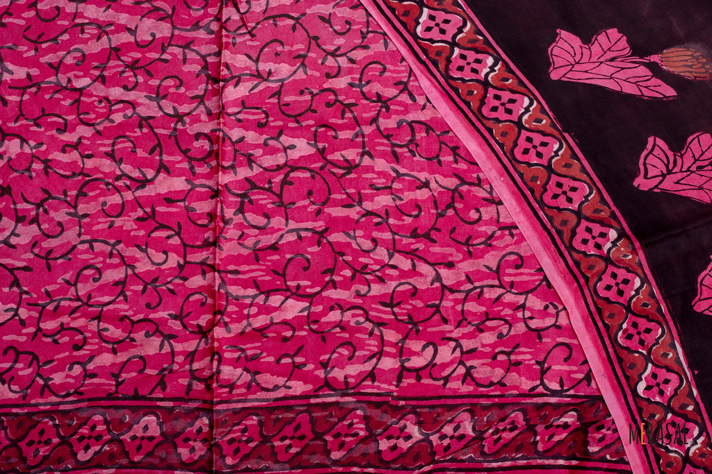 Ajrakh Print Saree in Black & Deep Pink