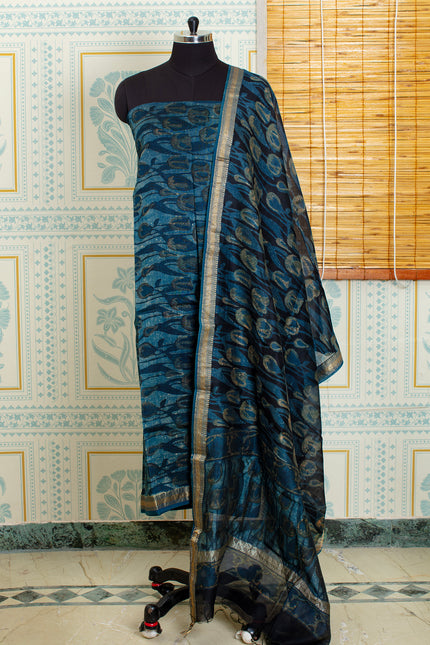 Handwoven Chanderi Cotton Salwar Top & Dupatta Set – Teal Blue & Gold