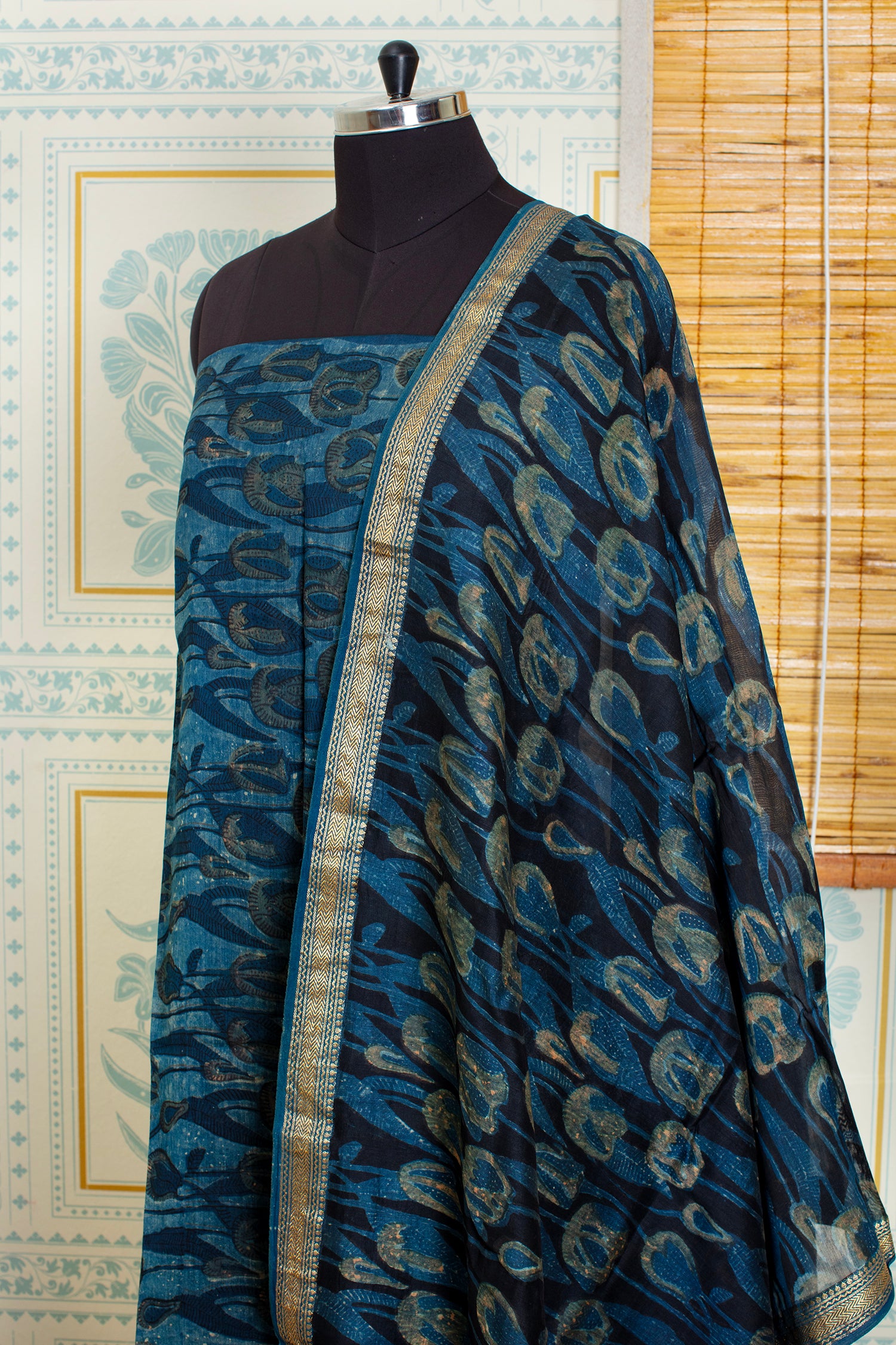 Handwoven Chanderi Cotton Salwar Top & Dupatta Set – Teal Blue & Gold