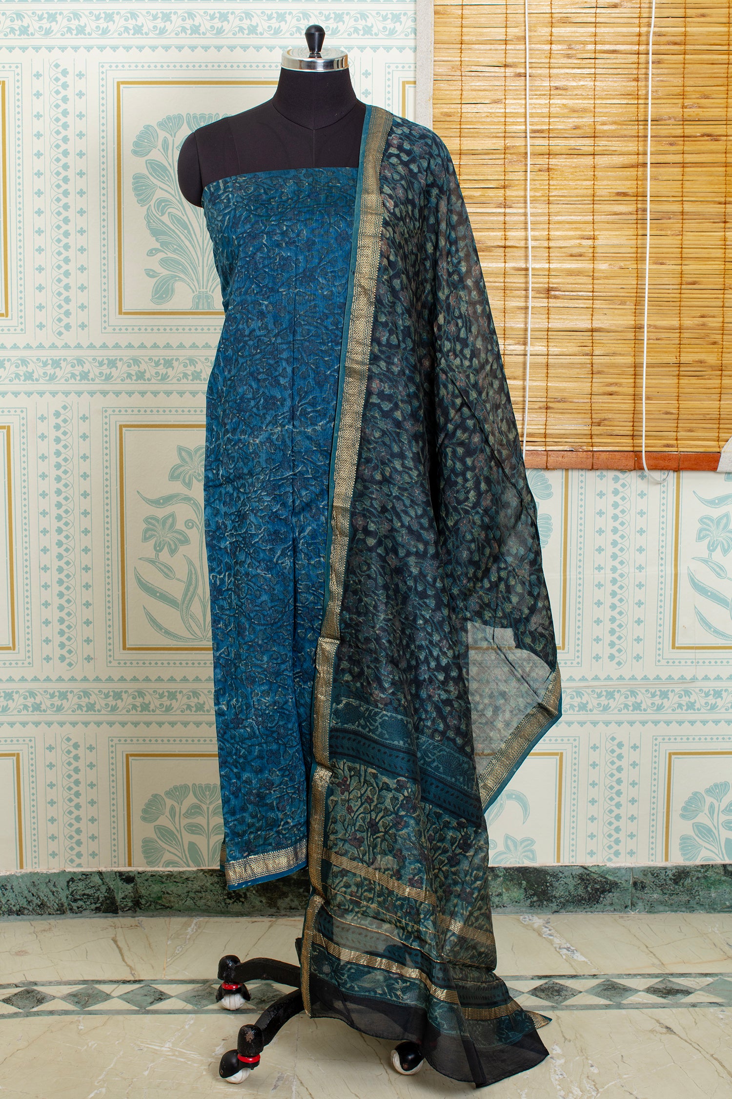 Handwoven Chanderi Cotton Salwar Top & Dupatta Set – Teal Blue & Gold
